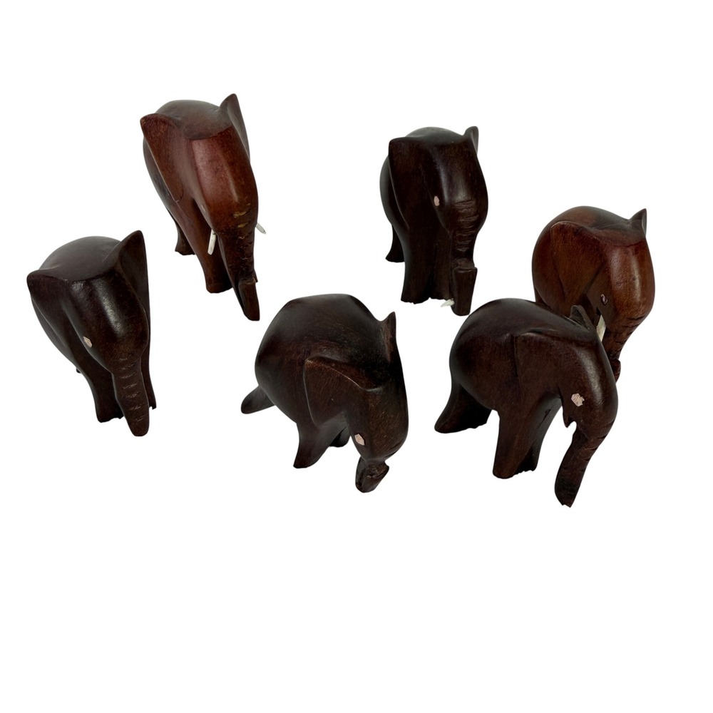 Vintage Hand Carved Wood Elephant Figurines‎ Set of 6 Dark Brown Animal Decor